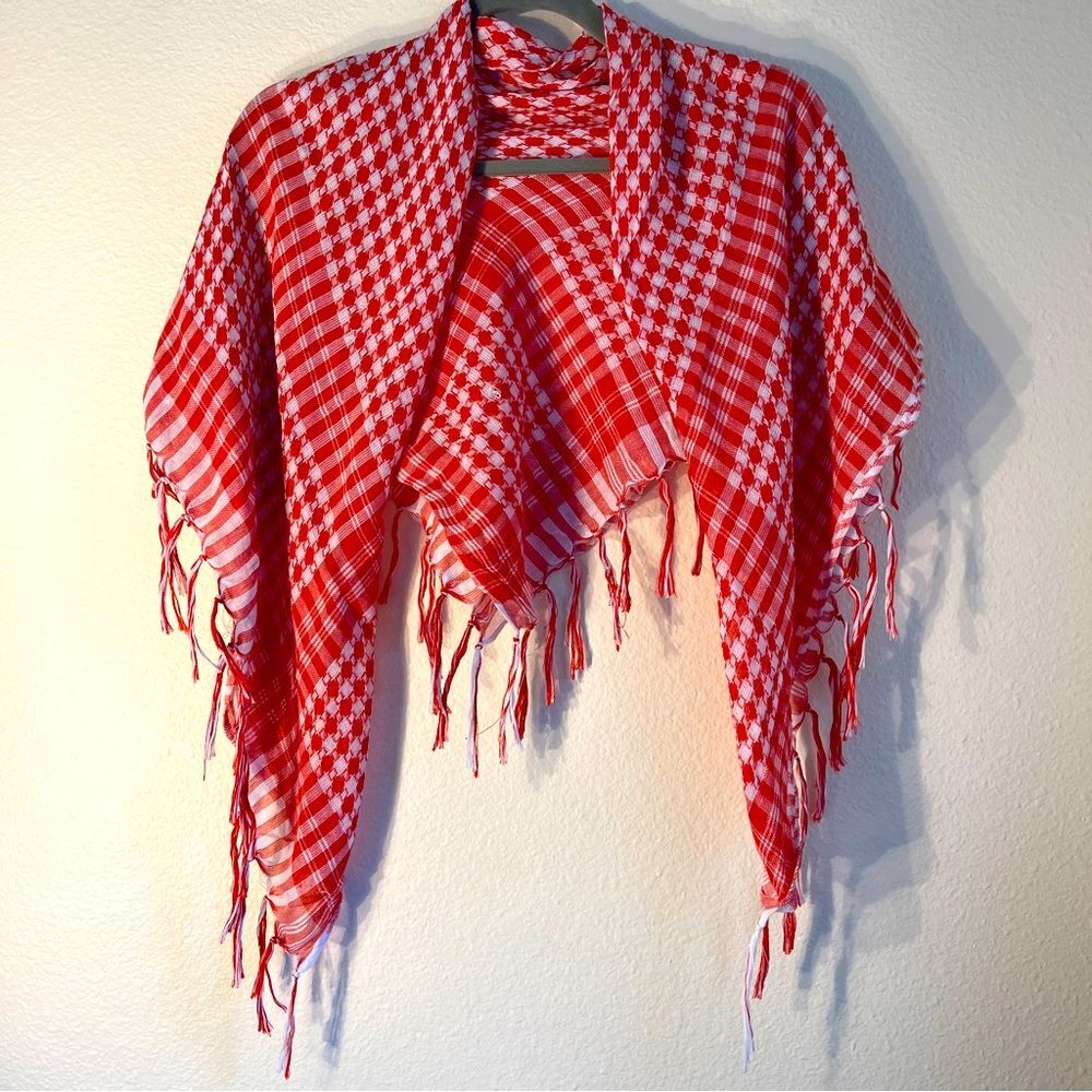 Cotton Scarf Wrap Red Plaid Or Lightweight Blanket Shawl With Fringe 40x38